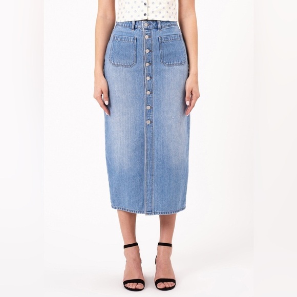 New Rollas Sailor Skirt Mid Vintage Blue Pencil Midi Button Front Slit Denim 24 - Picture 2 of 13